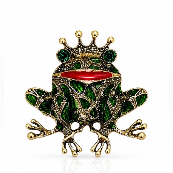 Anthropologie Jewelry - Vintage-Gold Tone Frog Brooch with Green and Red Enamel